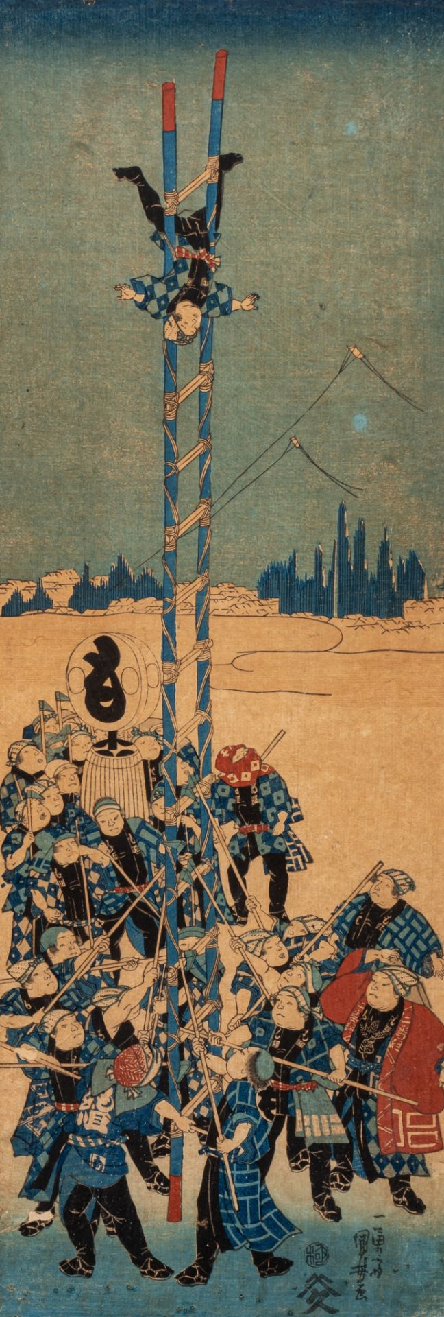 Kunisada, Dezome-shiki (New Yeares Parade of Firemen), format hashira-e, framed 33x80 cm