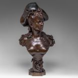 Anton Nelson (1849-1910), bust of a maiden, brown patinated bronze, H 77 cm