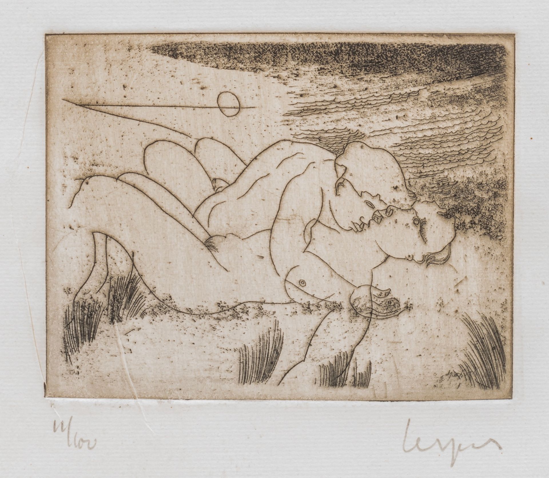 Floris Jespers (1889-1965), kissing couple in the dunes, etching, No 11/100, 107 x 135 mm