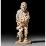 A Japanese Meiji period ivory okimono of a farmer, signed Hosei, H 27 cm - 970 g (+)