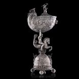 A 19thC parcel-gilt silver nautical cup, inspired on Renaissance examples, H 37 cm - total weight: 1