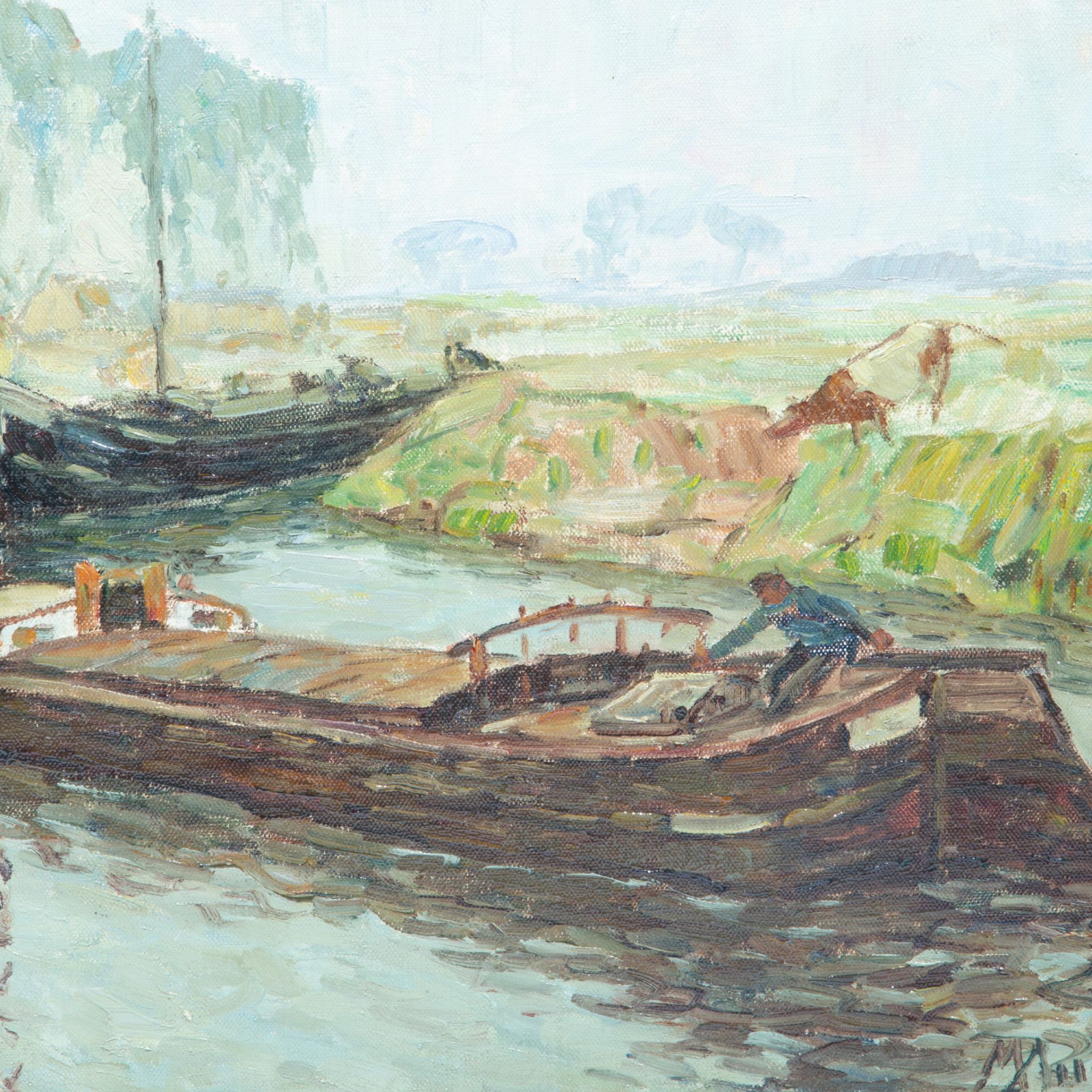 Modest Huys (1874/75-1932), barques on the Lys, oil on canvas 50 x 60 cm. (19.6 x 23.6 in.), Frame: - Image 5 of 6