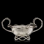 A silver-plated Japanese inspired sugar bowl with a sugar strainer, marked Hukin & Heath, reg. no. 5