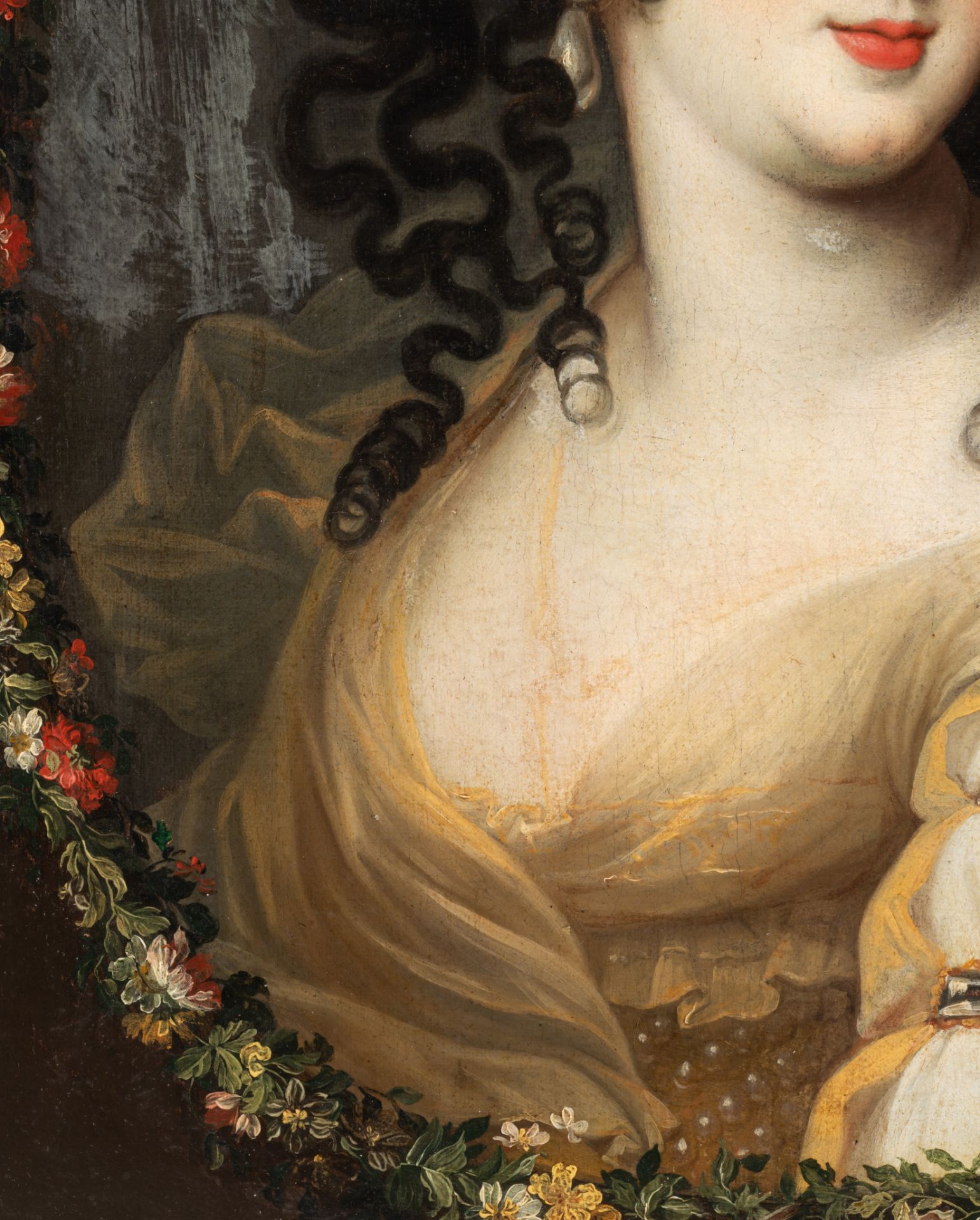A pair of pendant portraits of elegant sisters encircled by wreaths of flowers, 17thC, oil on canvas - Bild 12 aus 13