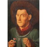 A copy after the 'Portrait of a man with carnation' by Jan van Eyck, oil on panel 41 x 28 cm. (16.1
