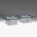 A pair of Carrara marble and glass design tables, H 37 - W 90 - D 90 cm