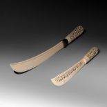 Two Burmese Colonial Ivory paperknives, L 51 cm - 200 g / L 35,8 cm - 80 g, both items are 19th or e