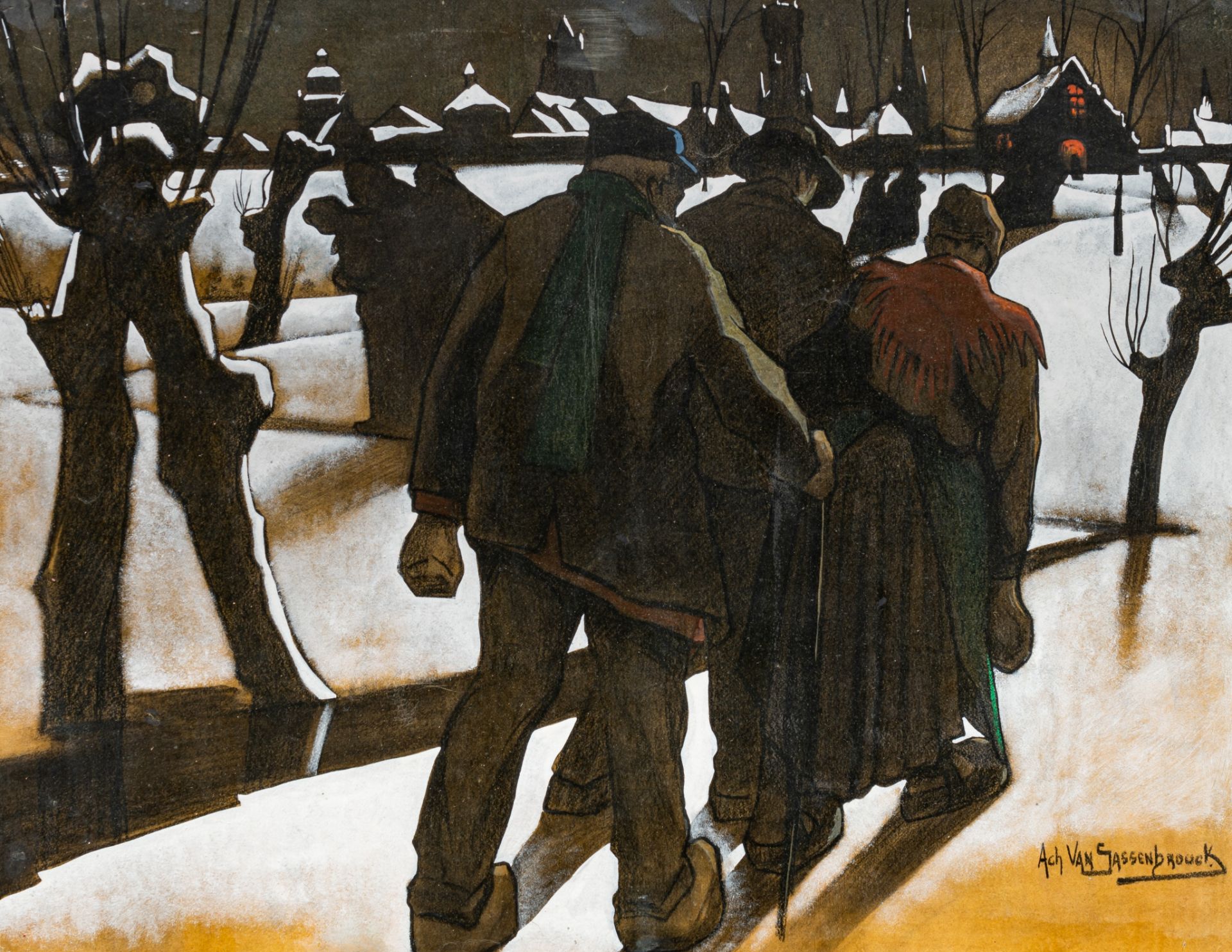 Achiel Van Sassenbrouck (1886-1979), figures in a winter landscape, charcoal and gouache on paper 56
