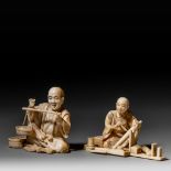 Two Japanese ivory okimono, Meiji period, H 6,2 - 7,2 cm / 82g - 106g (+)