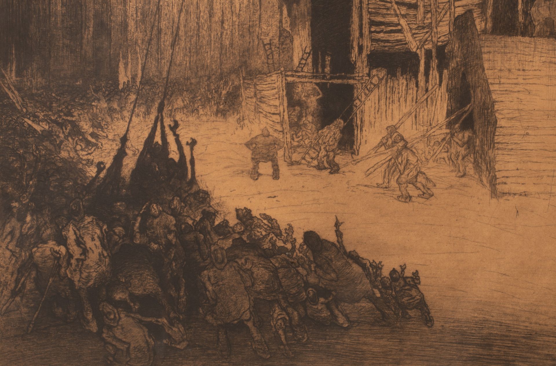 Jules De Bruycker (1870-1945), 'Het ophalen des draak op het belfort van Gent anno 1914', 1927, etch - Bild 8 aus 8