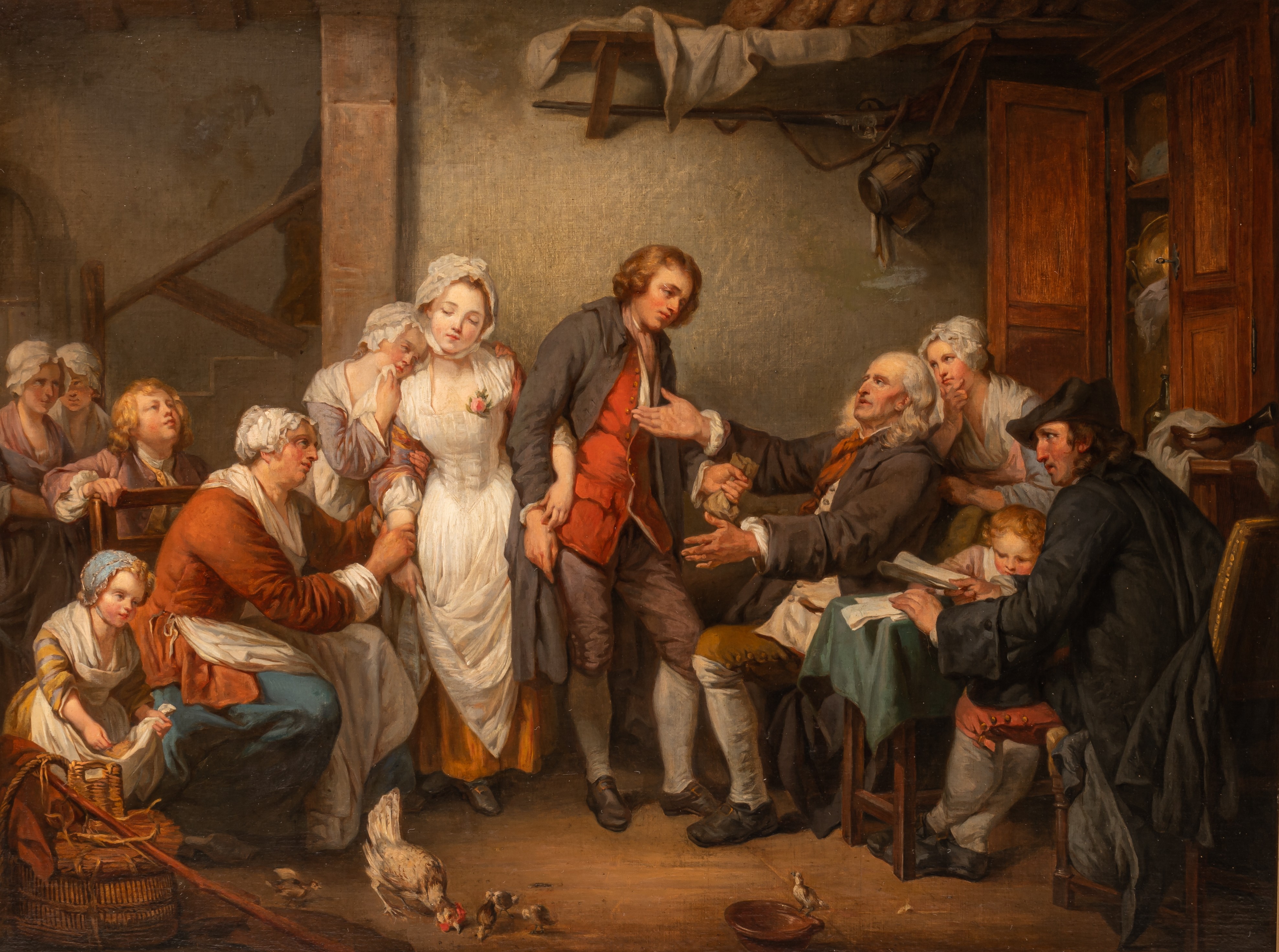 After Jean-Baptist Greuze (1725-1805), 'L'Accordee de village', oil on canvas 68 x 89 cm. (26.7 x 35