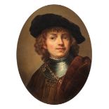 After Rembrandt van Rijn, 19thC copy of the self-portrait of Rembrandt, oil on cardboard painting 22