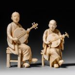 Two Japanese ivory okimono of men playing the biwa and singing, Meiji period, H 11,8 cm - 10 cm - 13