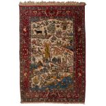An Oriental woollen and silk carpet depicting daily life scenery to the field and various animals to