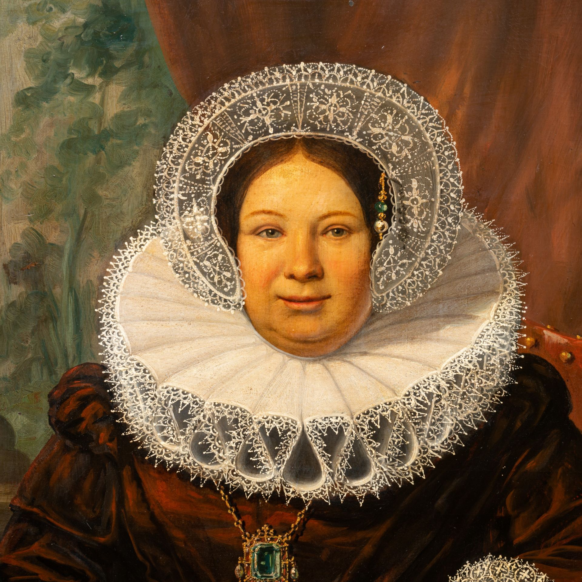 The portrait of a lavishly dressed noble lady holding a fan, 19thC, oil on canvas 104 x 88 cm. (40.9 - Bild 5 aus 7