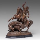 Arthur Waagen (1833-1898), hunting scene, patinated spelter on a wooden base, H 47,5 cm