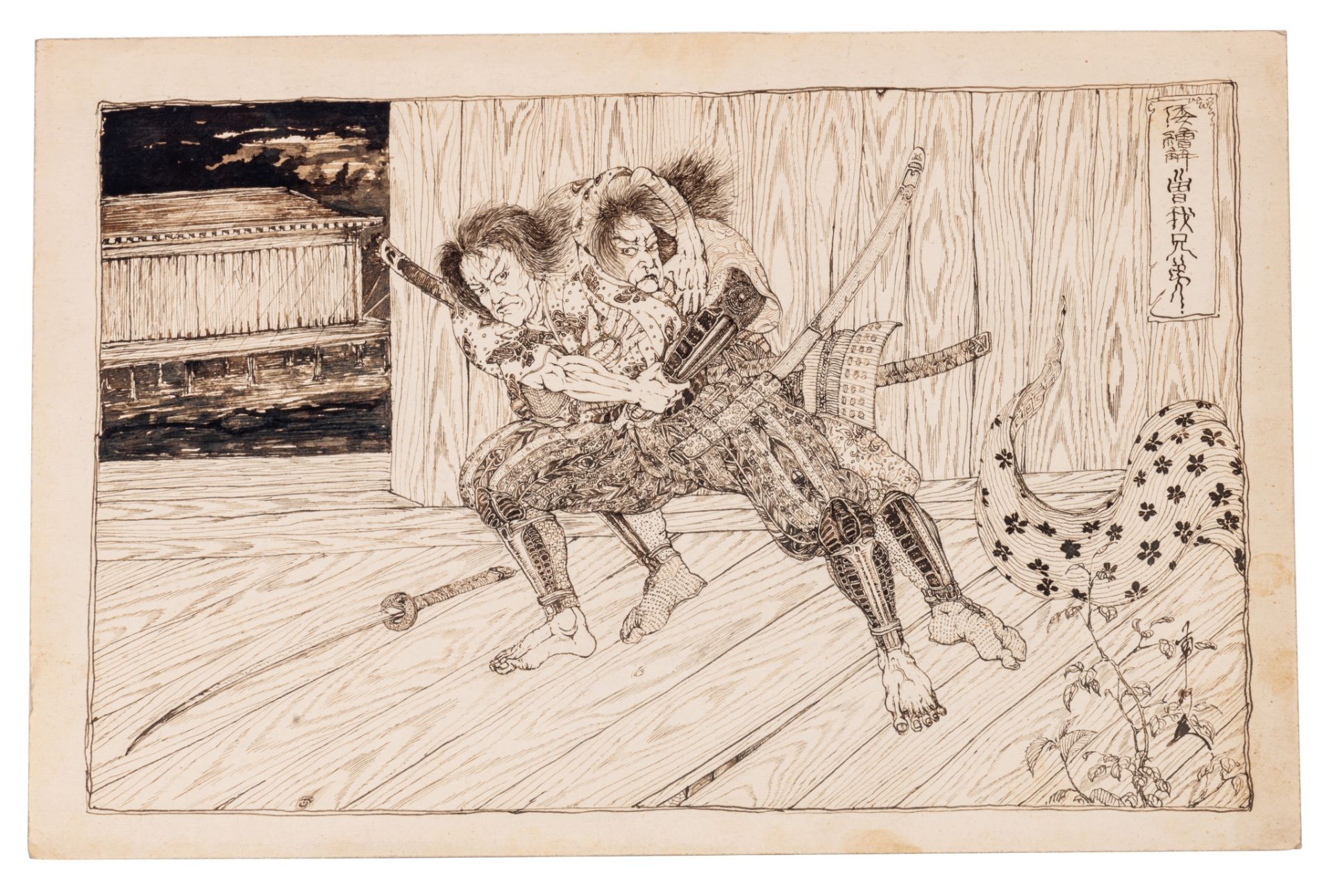 Drawing for a woodblock print with a fighting scene, chuban format, 19 x 30 cm - Bild 2 aus 9