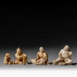 Three Japanese ivory okimonos illustrating daily life in Meiji period Japan, H 6,8 - 6 - 5,7 cm / 94