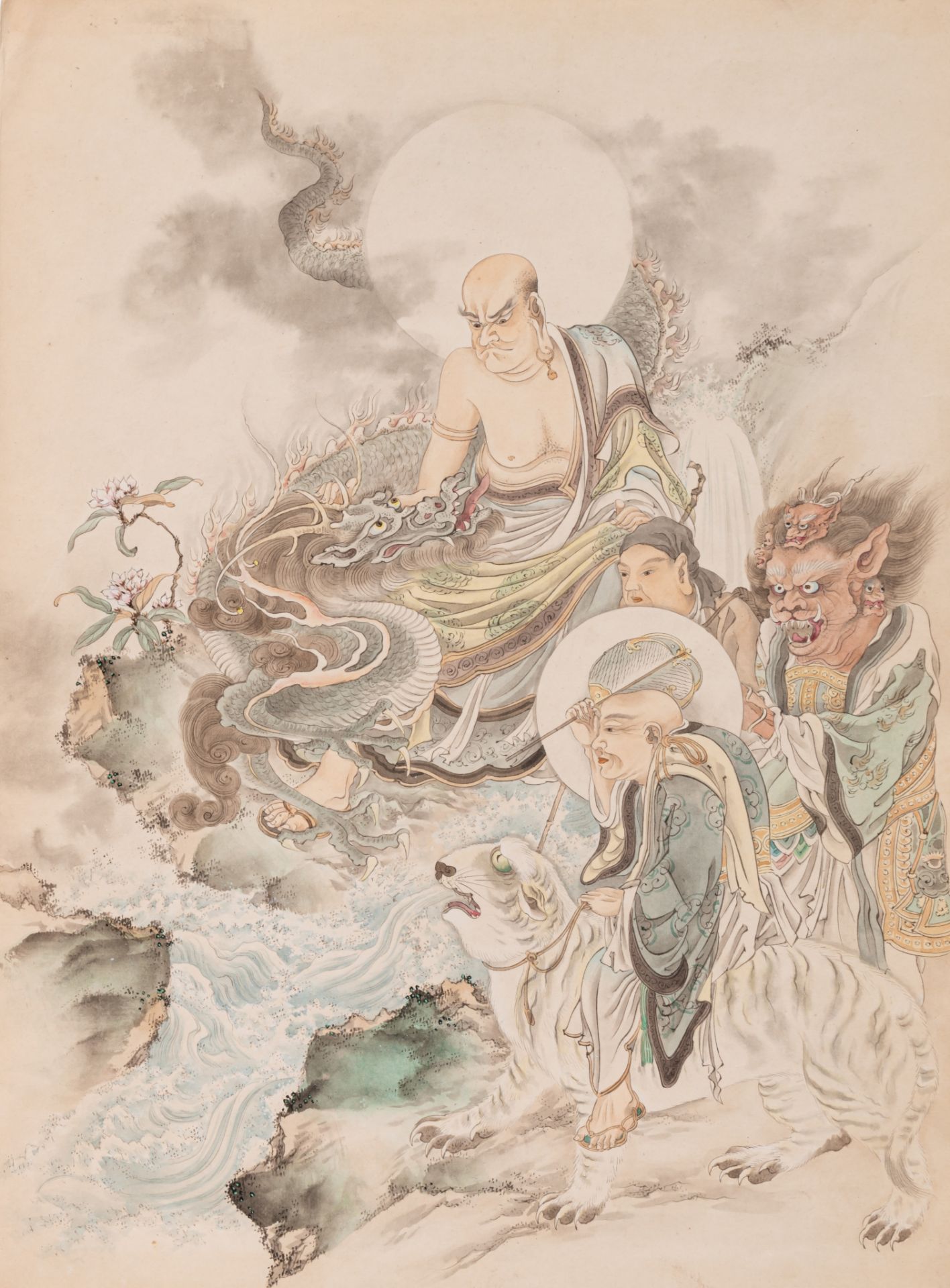 Japanese print of a Chinese mythological tale, heightened with hand colouring, 33 x 24 cm