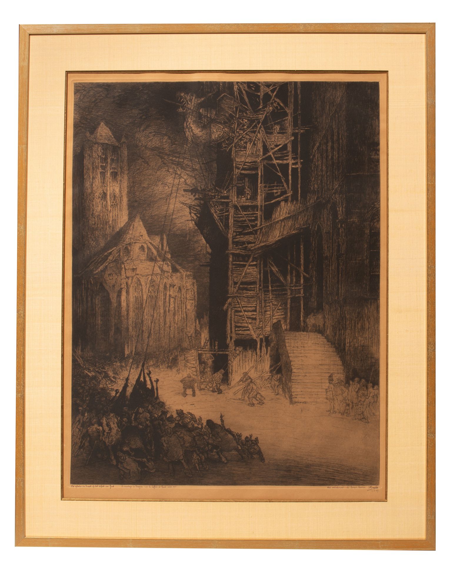 Jules De Bruycker (1870-1945), 'Het ophalen des draak op het belfort van Gent anno 1914', 1927, etch - Bild 2 aus 8