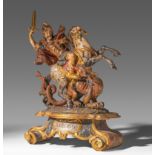 A Baroque polychrome limewood sculpture of Saint George defeating the dragon, 18thC, H 50 - W 35 cm
