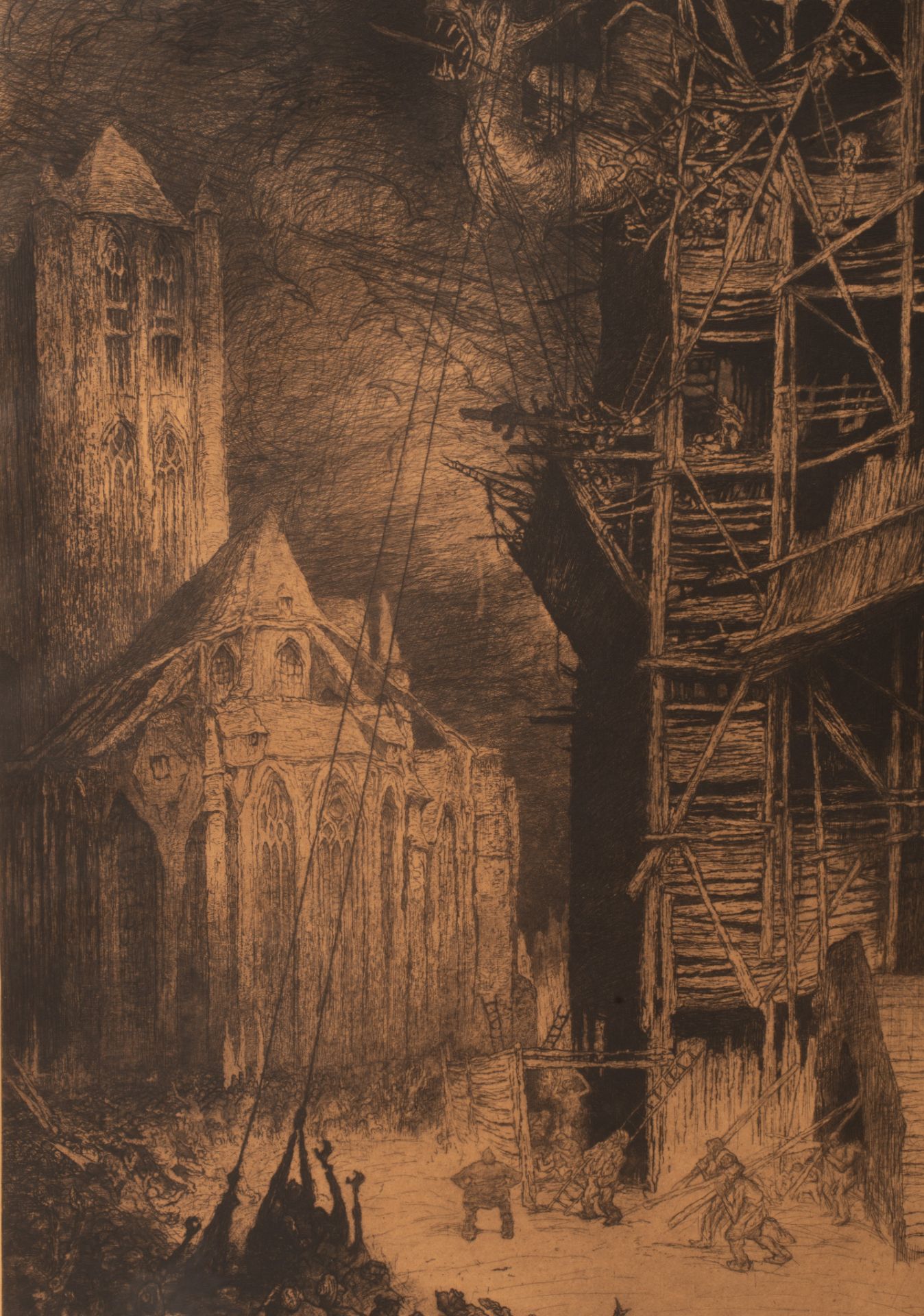 Jules De Bruycker (1870-1945), 'Het ophalen des draak op het belfort van Gent anno 1914', 1927, etch - Image 6 of 8