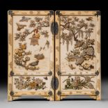 A Japanese ivory screen, two panels with Shibayama decoration, W 24,5 cm (open) - W 12 cm (closed) -