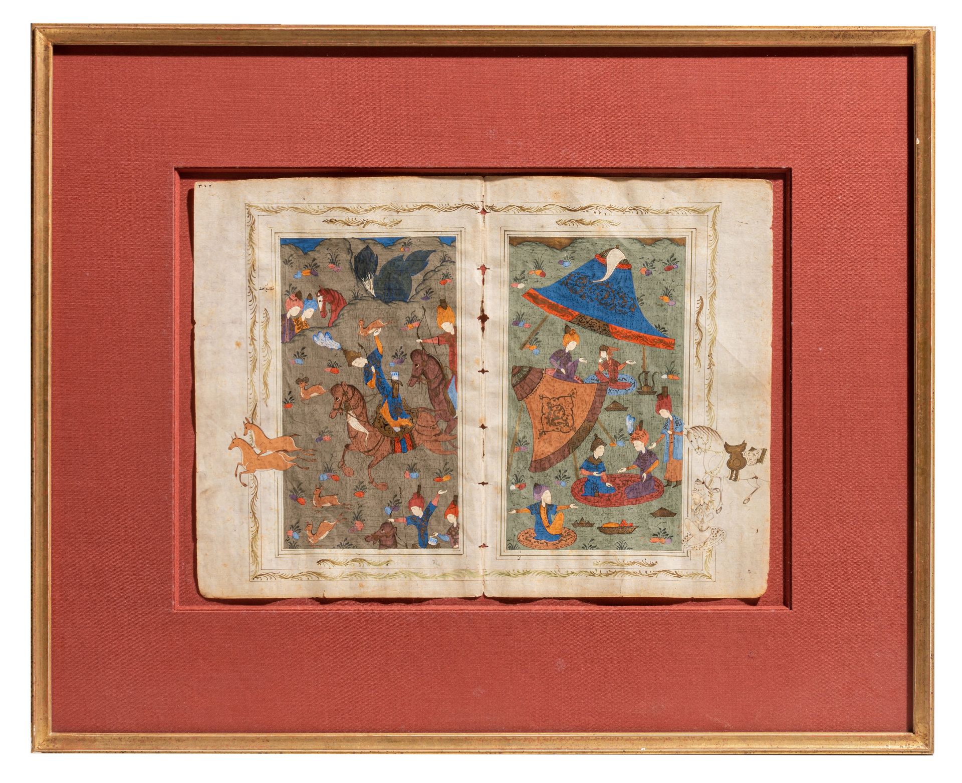 Two fine Persian gouache drawings depicting battle and hunting scenes, 18th/19thC, 32,5 x 21,5 - 27,