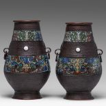 A pair of Japanese bronze champleve vases, Meiji, H 31 cm