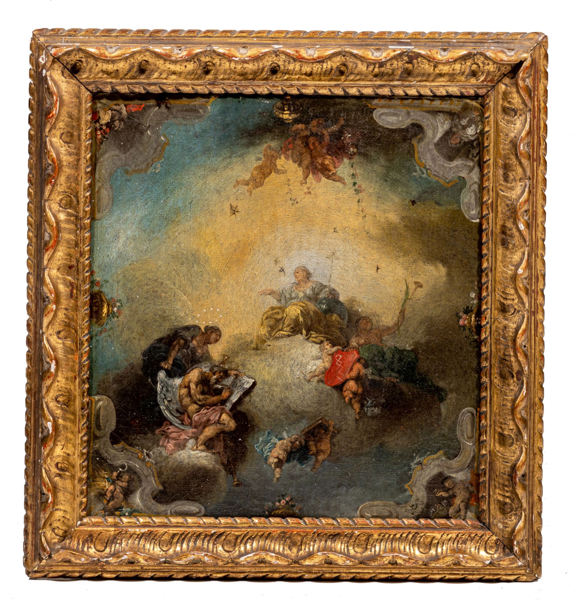 A (preparatory) oil sketch of a ceiling decoration depicting time unveiling truth, late 17thC, 26 x - Bild 2 aus 5
