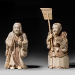 A pair of Japanese Meiji / Taisho period ivory okimono, H 14,8 - 19,8 cm / 509 - 596 g (+)