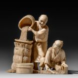 A Japanese ivory okimono of wheat farmers at work, Meiji period, H 10,3 cm - 248 g (+)