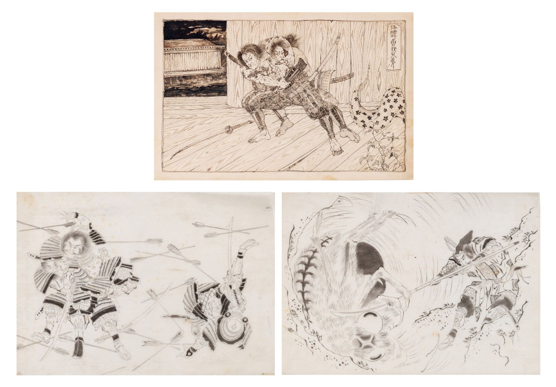 Drawing for a woodblock print with a fighting scene, chuban format, 19 x 30 cm