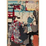 Chikanobu (1838-1912), scene near a temple, probably ca 1884, oban tate-e, 24 x 34 cm
