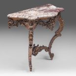 A Rococo giltwood wall console with marble top, H 89 - W 98 - D 47 cm