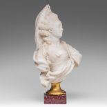 An 18thC Carrara marble bust of a noble lady in Turkish dress, on a porphyry base, H 35,5 cm