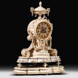 A delicately shaped and sculpted unique Nap. III period neoclassical ivory mantle clock, H 50 - W 37