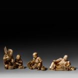 Three Japanese ivory okimono, Meiji period, H 4,3 - 5,2 - 6,5 cm / 56g - 33g - 73g (+)