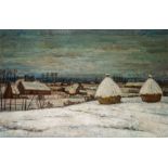 Evariste De Buck (1892-1974), winter landscape with haystacks, oil on canvas, 90 x 135 cm