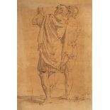 Two quarrelling soldiers seen from behind, Italian School, 17thC, brown ink and wash on paper 21 x 1