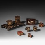 A collection of Japanese lacquered toys, Taisho or later, Tallest H 6 cm - largest 11 x 23 cm (9)