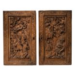 A pair of 16thC oak doors depicting the offer of Isaac and Jacob's Ladder, H 83,5 x 50,5 cm
