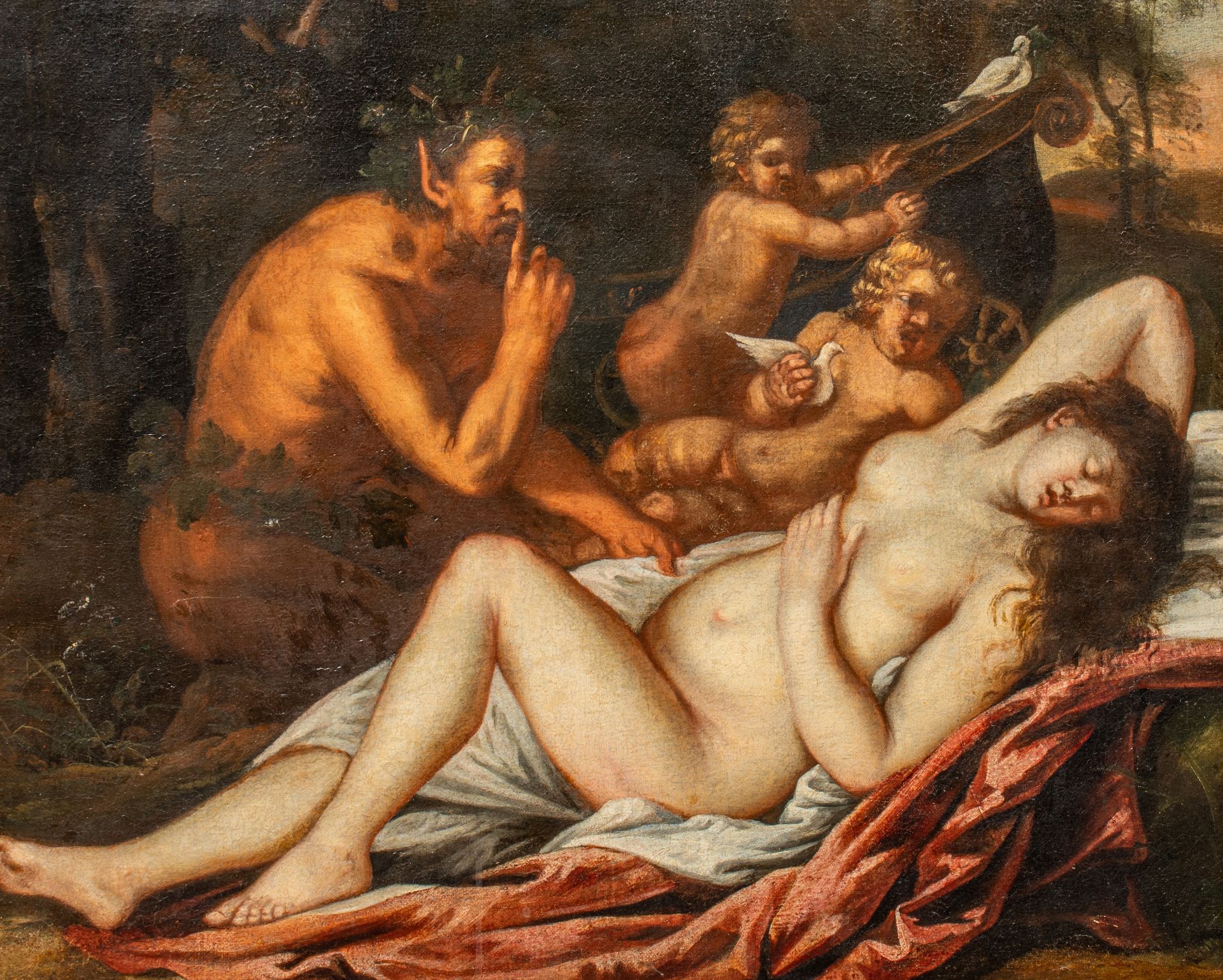 Jupiter and Antiope, 17thC Venetian School, oil on canvas 57 x 71 cm. (22.4 x 27.9 in.), Frame: 76 x