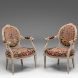 A pair of Louis XVI patinated wooden armchairs with needlepoint upholstery, H 90 - W 62 cm