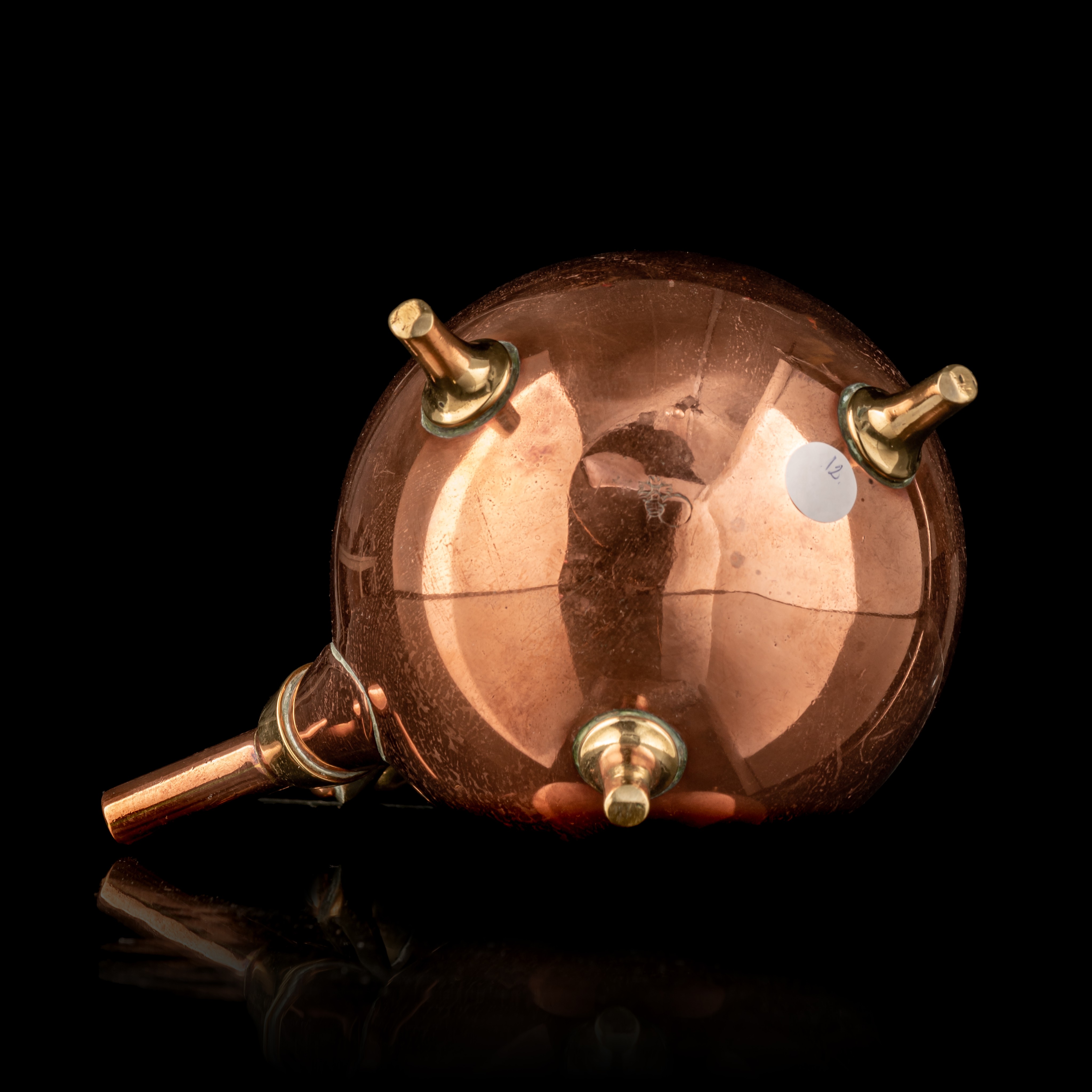 A yellow and red copper orb-shaped water kettle with a wooden handle and knob, marked Benham & Froud - Image 8 of 8