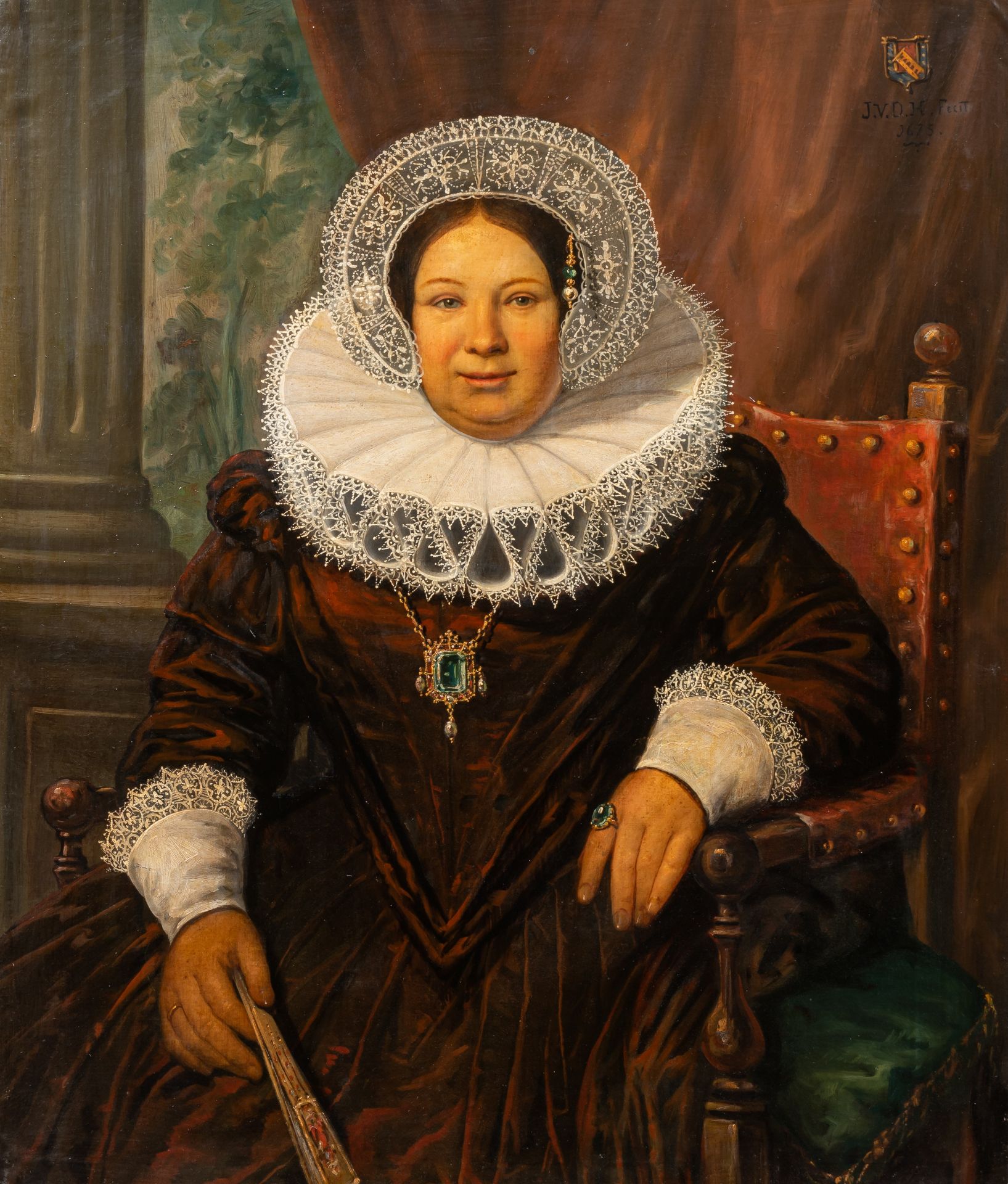 The portrait of a lavishly dressed noble lady holding a fan, 19thC, oil on canvas 104 x 88 cm. (40.9