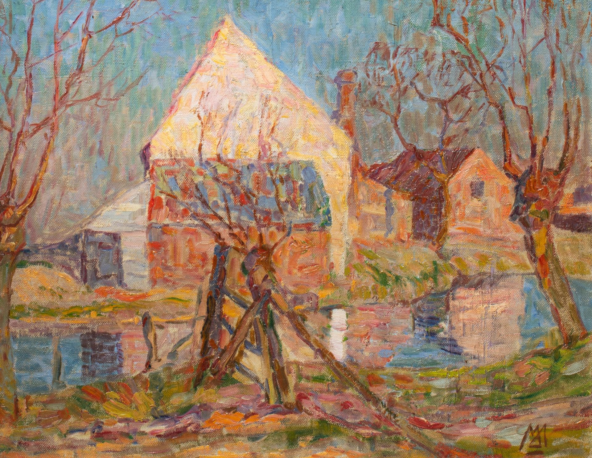 Modest Huys (1874-1932), farm near the pond, oil on canvas, 33 x 41 cm