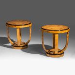 A pair of Art Deco burr wood coffee tables, H 60 - dia 60 cm