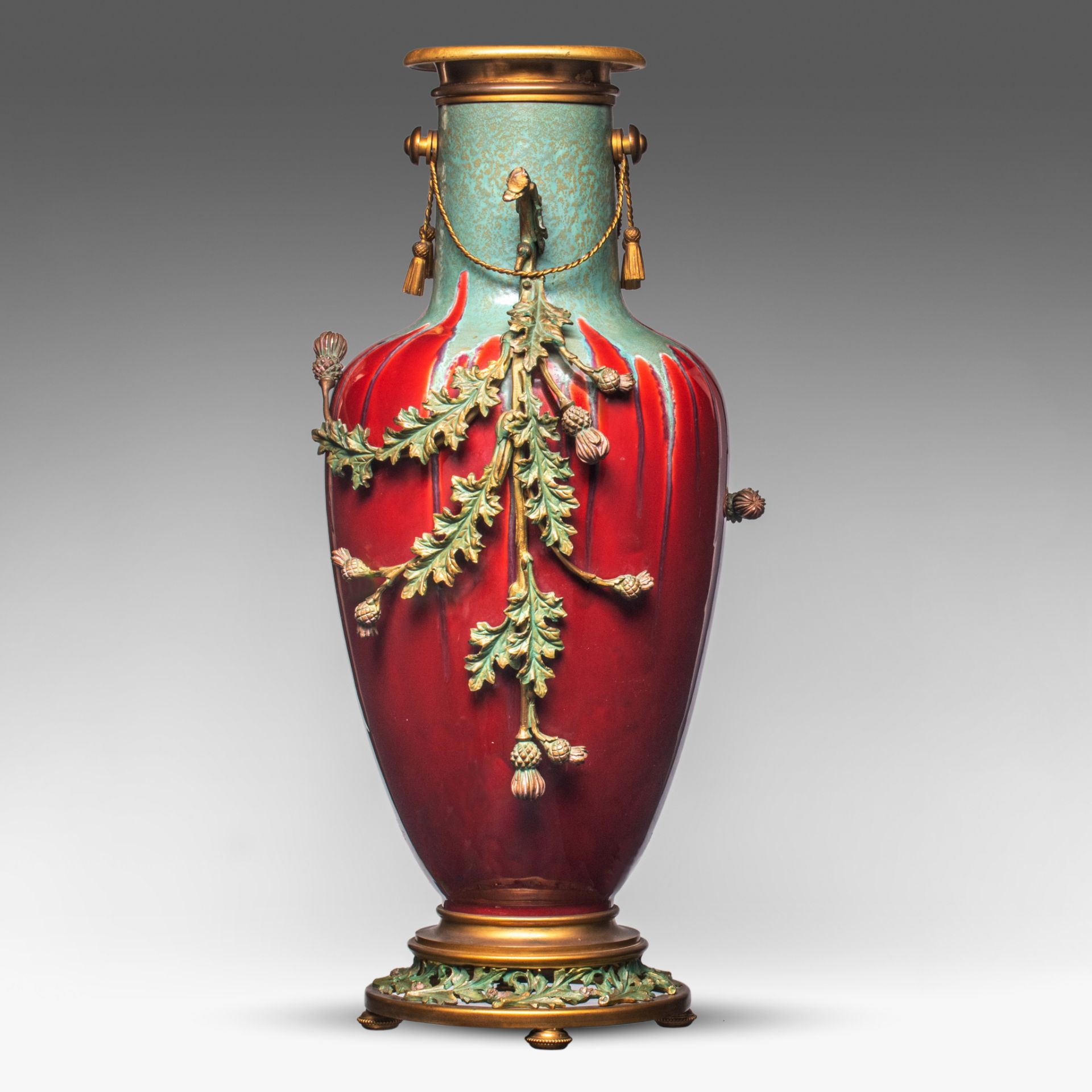 A Jugendstil flambe vase with floral gilt brass mounts, H 60 cm - Image 3 of 6