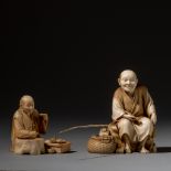 Two Japanese Meiji/Taisho period ivory okimono, H 8,4 - 12,6 cm / 280 - 502 g (+)